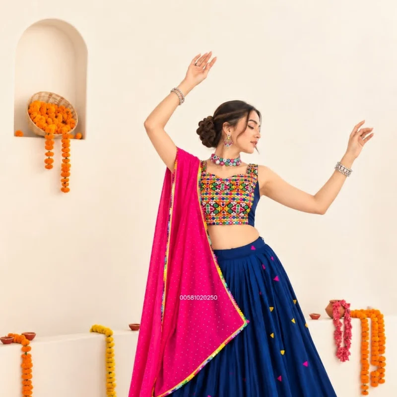 Exotic Navy Blue Gamthi Work Chaniya Choli with Real Mirror Work & Rani Pink Dupatta